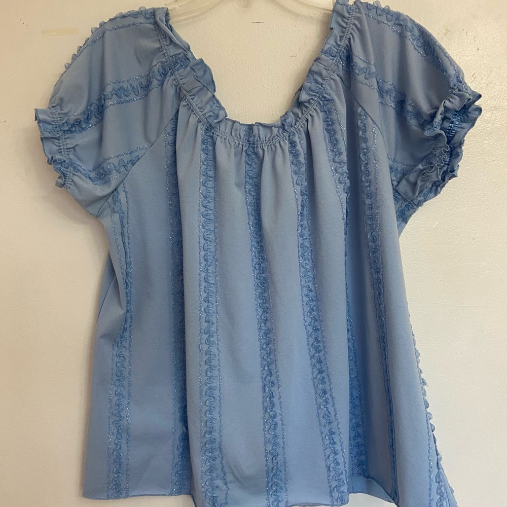 Women’s Blue Peasant Blouse with shimmery ruffle accents. Women’s size 2x
